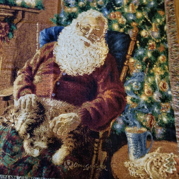 Dona Gelsinger “A Long Winters Nap” Tapestry Throw Blanket Santa Cat 50" X 60" - Picture 4 of 6